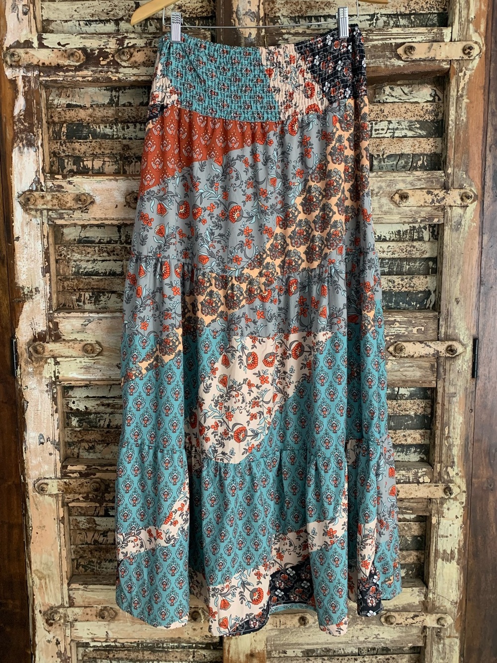 Boho Patchwork Smocked Waist Tiered Long Maxi Skirt, Teal Rust Cottagecore, L - Picture 3 of 10